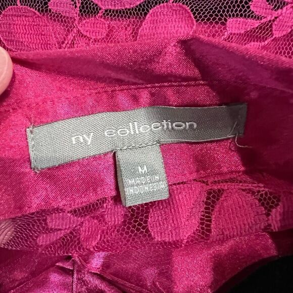 NY Collection Hot Pink Lace Ribbon Detail Short Sleeve Button Up Top Sz M Women - Picture 4 of 6
